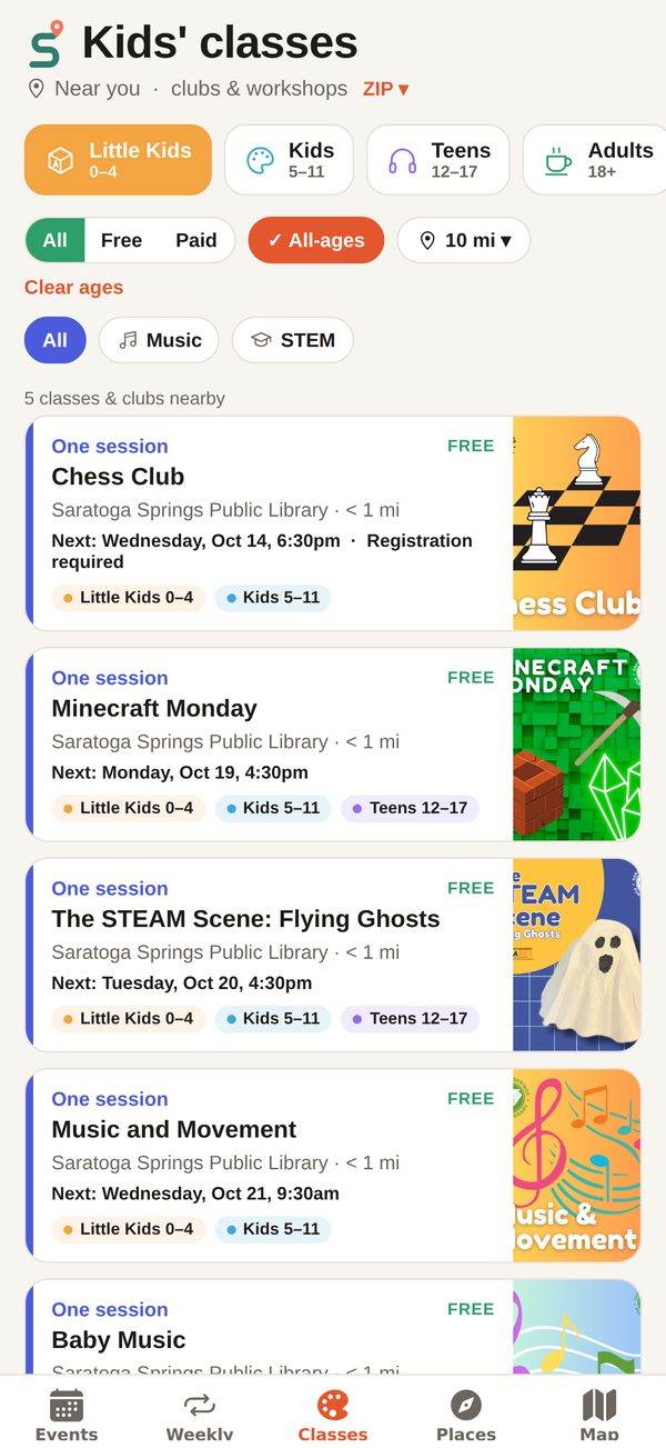 Classes tab filtered by music and STEM topics