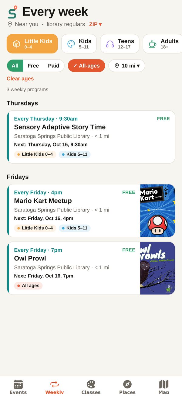 Weekly tab listing programs that repeat every week